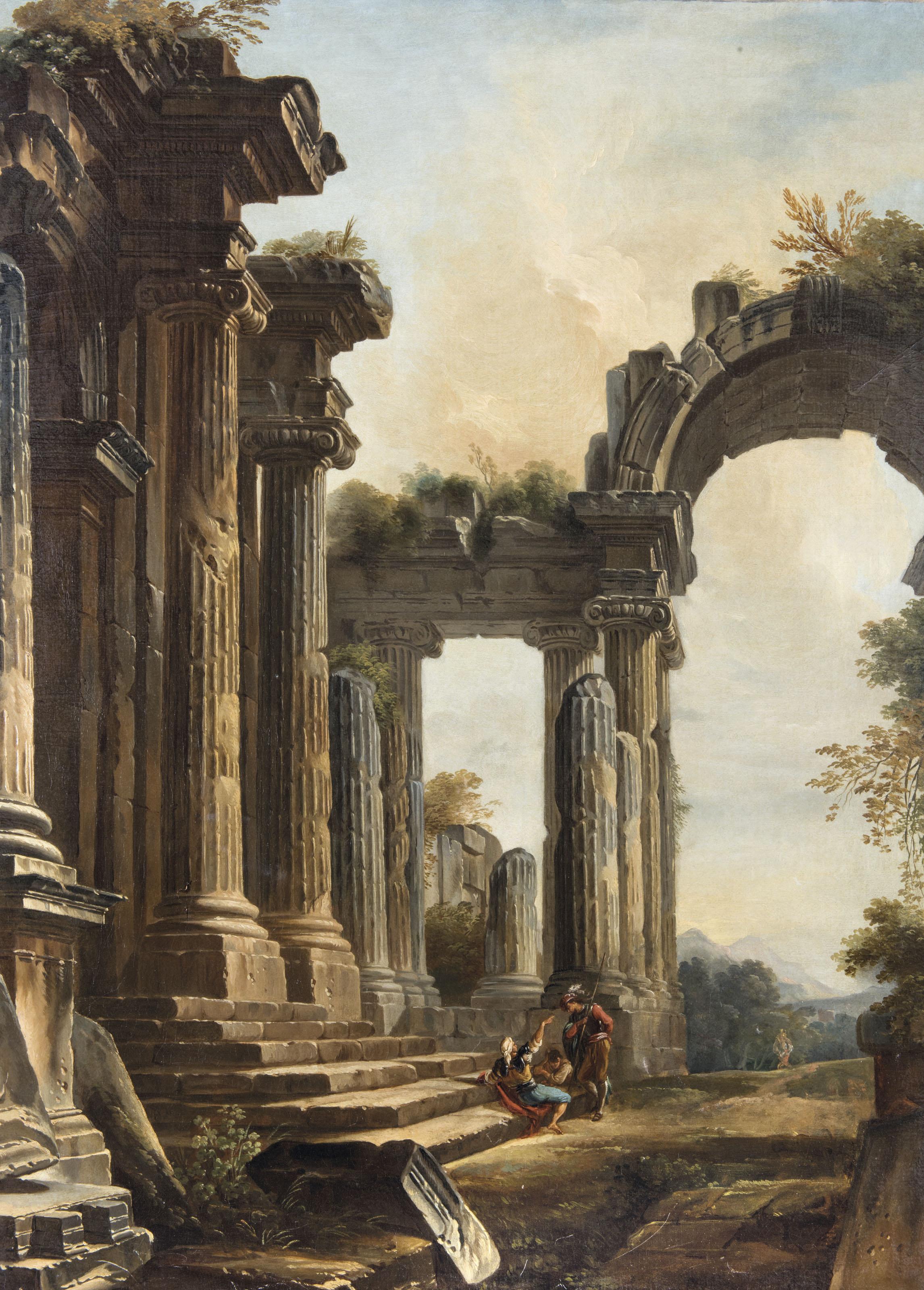 Giovanni Niccolò Servandoni - A capriccio of classical ruins with three men conversing