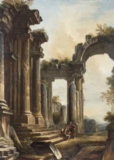 Giovanni Niccolò Servandoni - A capriccio of classical ruins with three men conversing