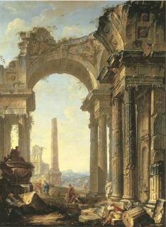 Giovanni Nicolò Servandoni - A capriccio of a ruined ionic temple and an obelisk with figures
