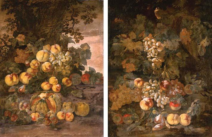 Giovanni Paolo Castelli - A melon, peaches, plums, quinces and grapes by a tree; and Grapes, apples and peaches in a wooded landscape