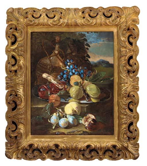 Giovanni Paolo Castelli - Figs, grapes, peaches and pears on a pewter plate, with a glass of wine and a biscuit on a ledge, a bottle of wine behind