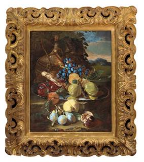 Giovanni Paolo Castelli - Figs, grapes, peaches and pears on a pewter plate, with a glass of wine and a biscuit on a ledge, a bottle of wine behind