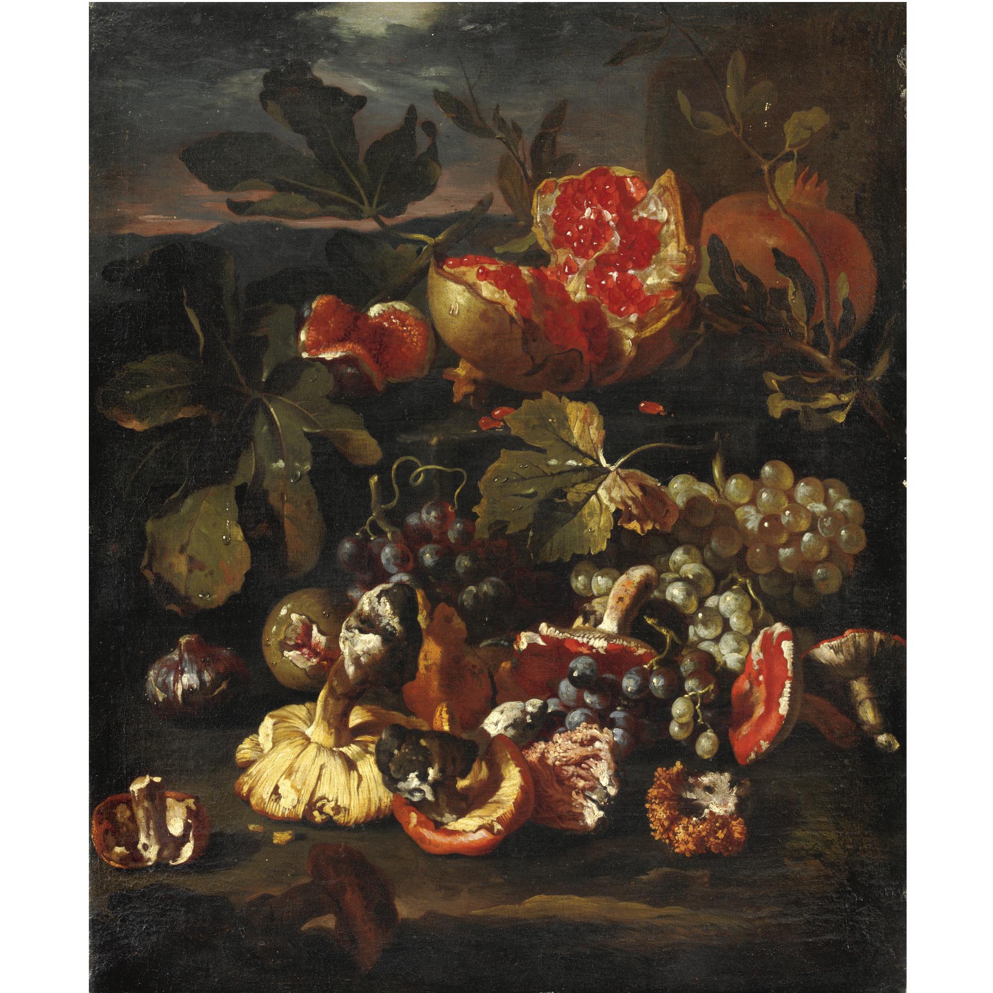 Giovanni Paolo Castelli - Natura Morta Di Frutta Con Melagrane, Uva, Funghi E Fichi