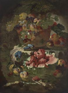Giovanni Paolo Castelli - Peaches, plums, grapes and other fruit in a glass bowl on a rocky ledge, with a watermelon and other fruit before it