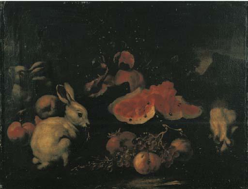 Giovanni Paolo Castelli - Pesche, uva, melograni, anguria, fichi, tre conigli en plein air