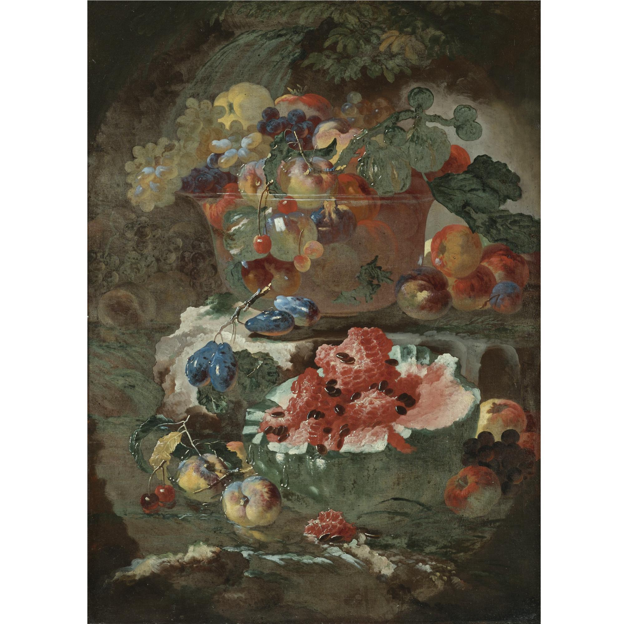 Giovanni Paolo Castelli - Still Life Of Fruit Including An Open Watermelon, Peaches And Plums, Beneath And Glass Bowl Filled With More Fruit On The Step Above 