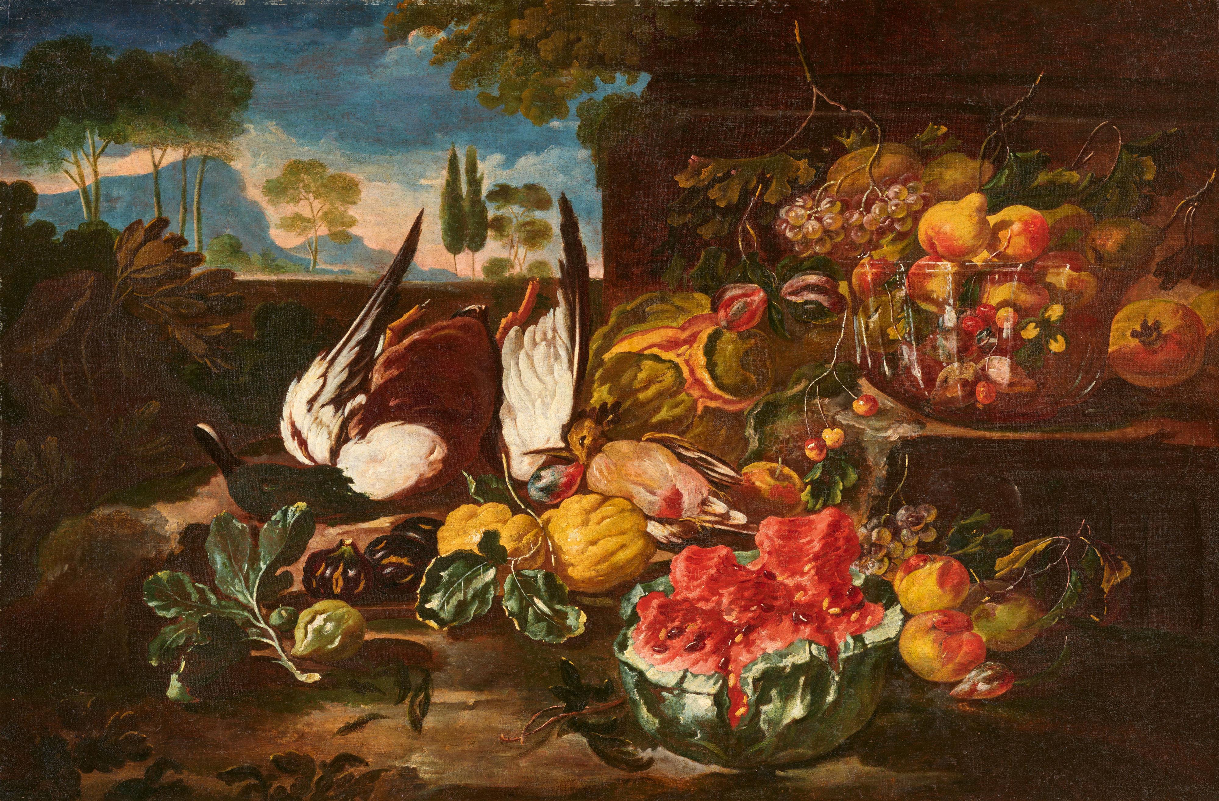Giovanni Paolo Castelli - Stillleben mit Wassermelone, Zitrusfrüchten, Feigen, Granatäpfeln, Kürbissen, Kirschen und weiteren Früchten sowie Blumen, auf einem Sims vor einer Landschaft
