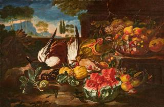 Giovanni Paolo Castelli - Stillleben mit Wassermelone, Zitrusfrüchten, Feigen, Granatäpfeln, Kürbissen, Kirschen und weiteren Früchten sowie Blumen, auf einem Sims vor einer Landschaft