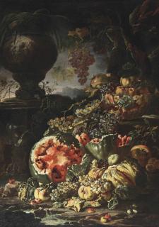 Giovanni Paolo Castelli - Watermelons, Apples, Grapes And Other Fruit, A Glass Bowl Filled With Apples And A Pomegranate, A Stone Garden Vase, All Set In A Landscape By A Stream