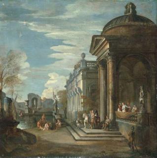Giovanni Paolo Panini - A capriccio of classical buildings by a pool