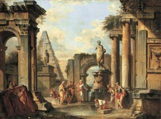 Giovanni Paolo Panini - A capriccio of classical ruins with Diogenes throwing away his cup