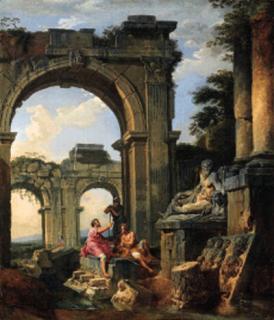 Giovanni Paolo Panini - A capriccio of classical ruins with three figures conversing before a statue of a River God