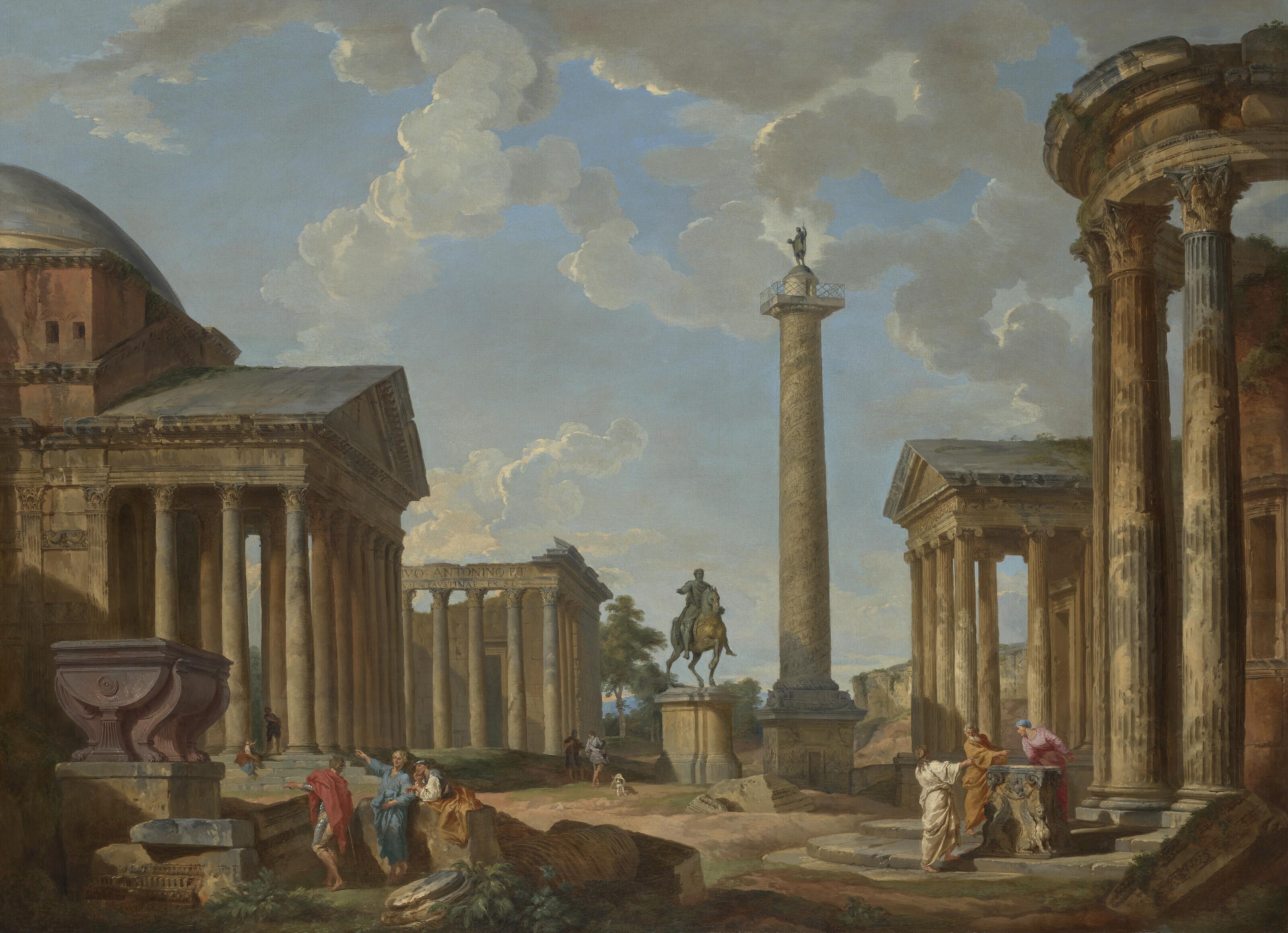 Giovanni Paolo Panini - A capriccio of Roman ruins with the Pantheon, the Temple of Antoninus and Faustina, the statue of Marcus Aurelius, Trajan\'s Column, the Temple of Fortuna Virilis and the Temple of Vesta in Tivoli