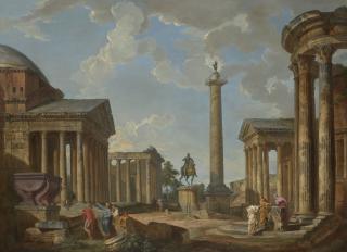 Giovanni Paolo Panini - A capriccio of Roman ruins with the Pantheon, the Temple of Antoninus and Faustina, the statue of Marcus Aurelius, Trajan\'s Column, the Temple of Fortuna Virilis and the Temple of Vesta in Tivoli