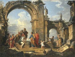 Giovanni Paolo Panini - A capriccio of Roman ruins with the Parable of the Fishes