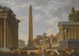 Giovanni Paolo Panini - A Capriccio View Of Rome With Ancient Ruins And The Flaminian Obelisk