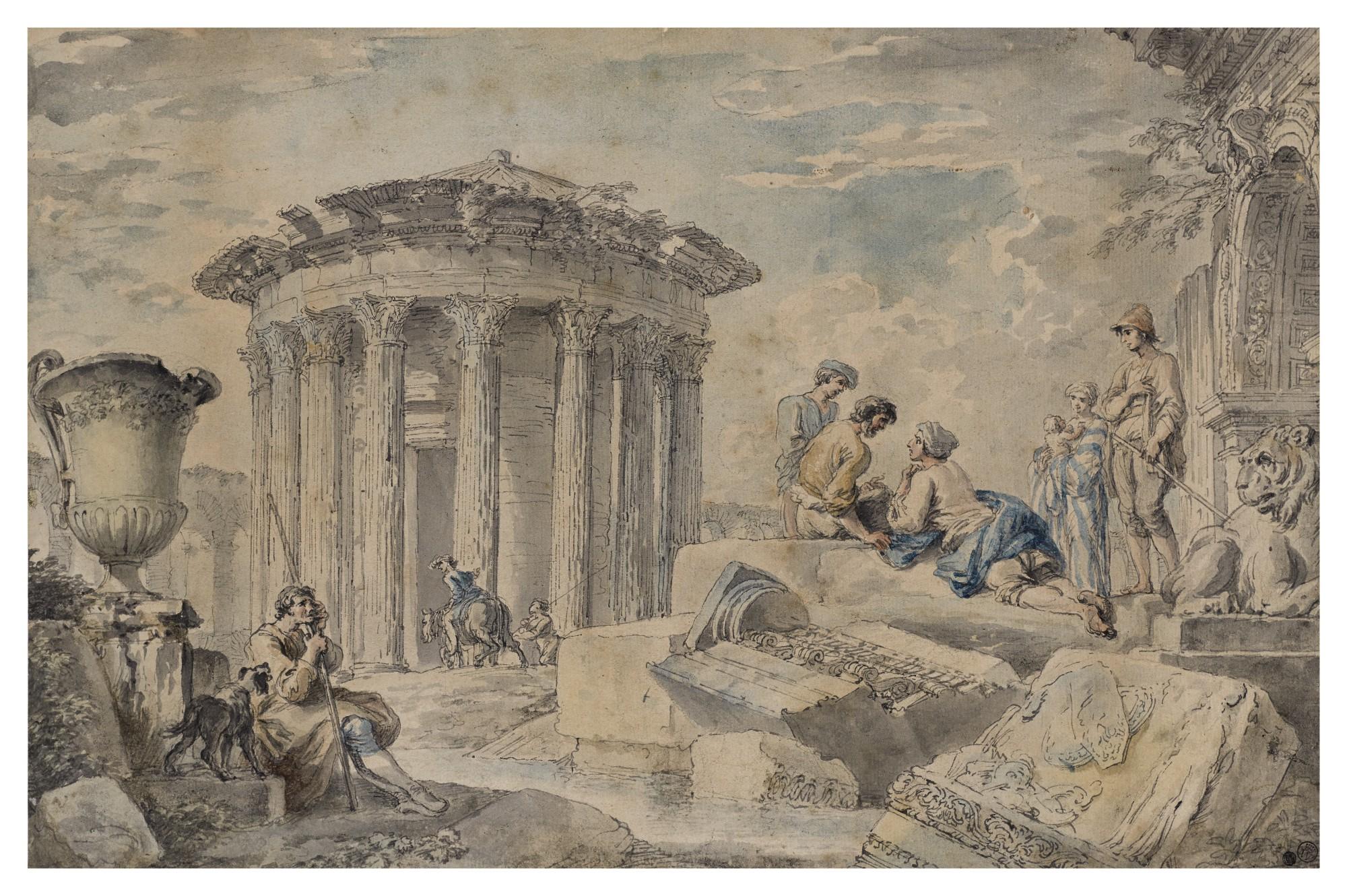 Giovanni Paolo Panini - A capriccio with the Temple of Vesta, and figures among ruins