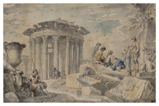 Giovanni Paolo Panini - A capriccio with the Temple of Vesta, and figures among ruins