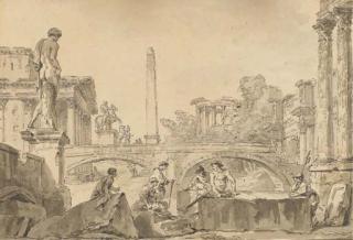 Giovanni Paolo Panini - A Capriccio With The Temple of Vesta, The Arch of Constantine, An Obelisk, The Dioscuri And Figures Resting On Ruins In The Foreground