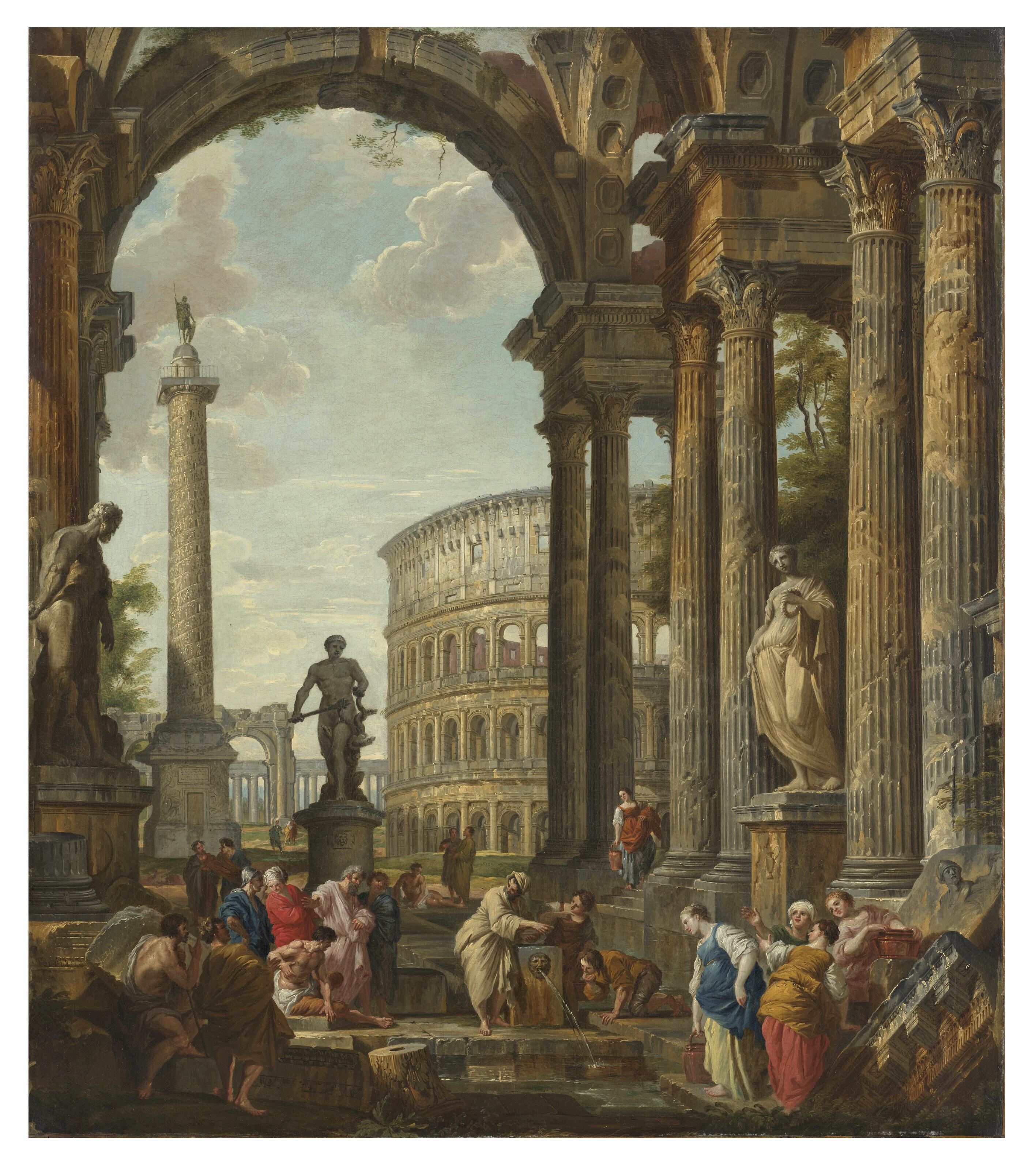 Giovanni Paolo Panini - A classical capriccio with the Colosseum, Trajan\'s column and the Farnese Hercules, with the Philosopher Diogenes and other figures in the foreground