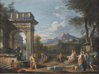 Giovanni Paolo Panini - A classical landscape with the Judgement of Midas