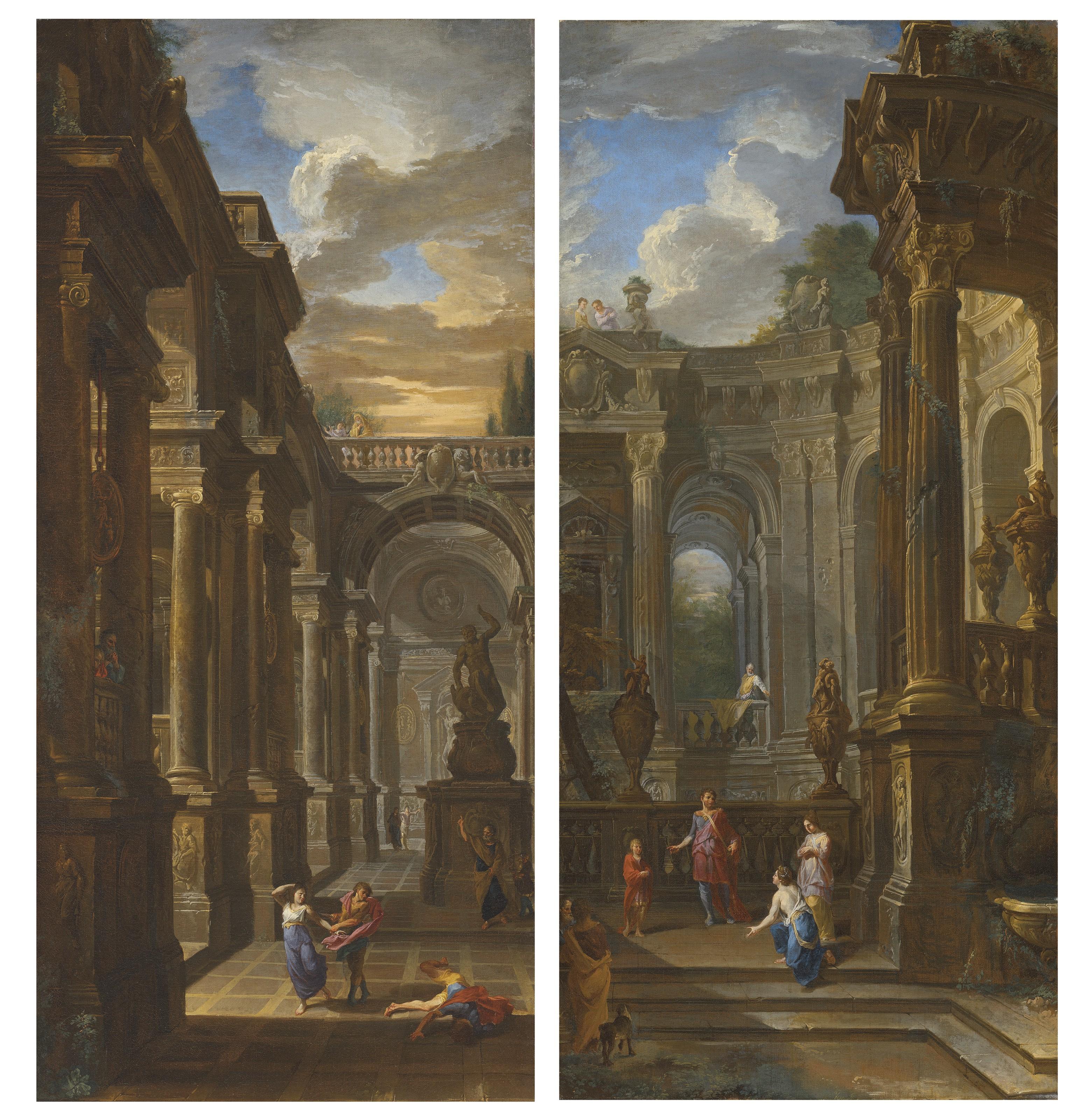 Giovanni Paolo Panini - An architectural capriccio with Death of Ananias; and An architectural capriccio with David, Bathsheba and Solomon
