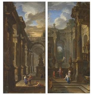 Giovanni Paolo Panini - An architectural capriccio with Death of Ananias; and An architectural capriccio with David, Bathsheba and Solomon