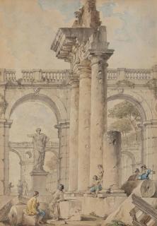 Giovanni Paolo Panini - An Architectural Capriccio With Figures Among Classical Ruins, Broken Columns And Pediments