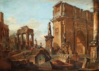 Giovanni Paolo Panini - Capriccio with figures at the Roman ruins and the Arch of Constantine