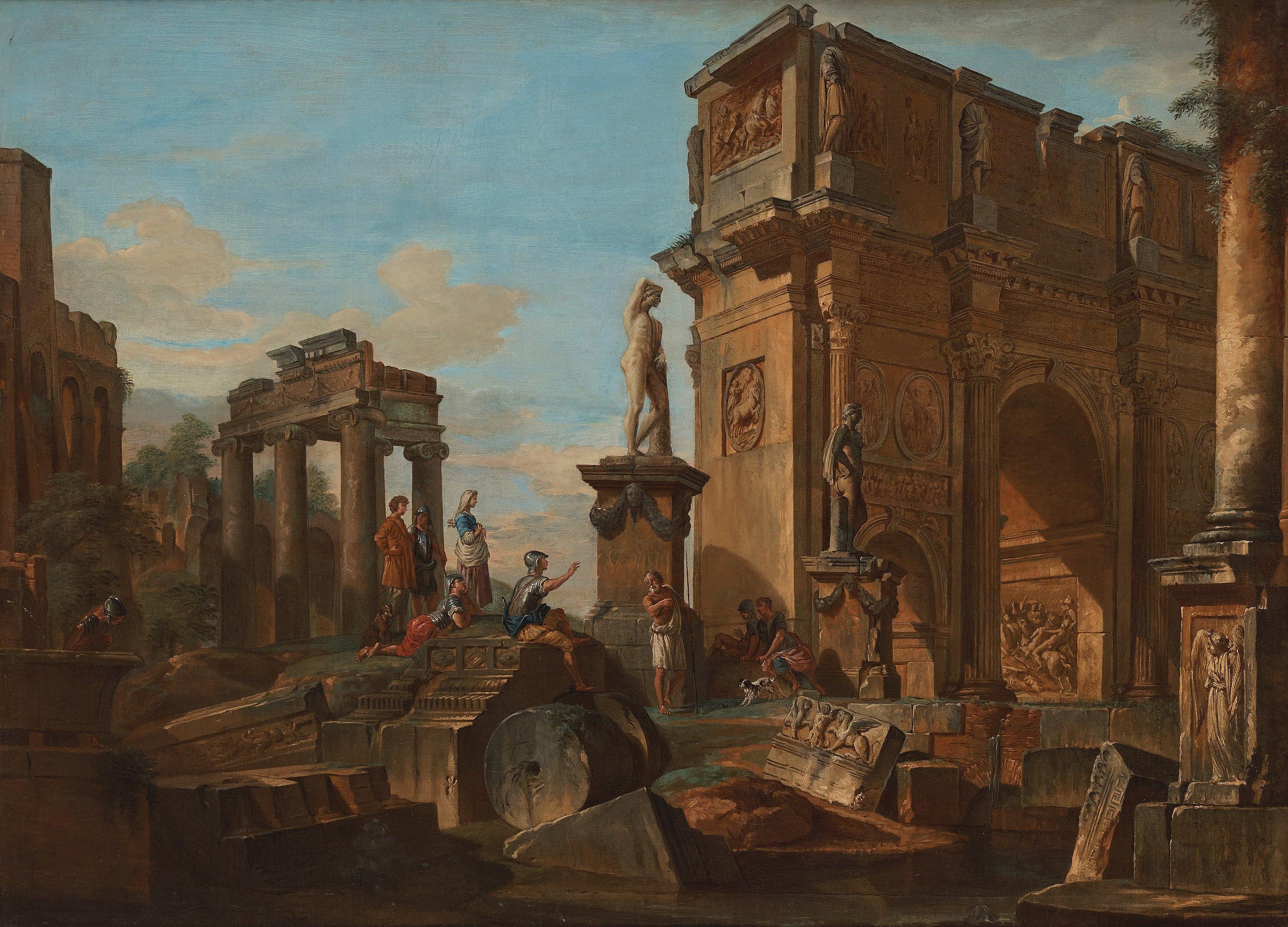 Giovanni Paolo Panini - Capriccio with figures at the Roman ruins and the Arch of Constantine