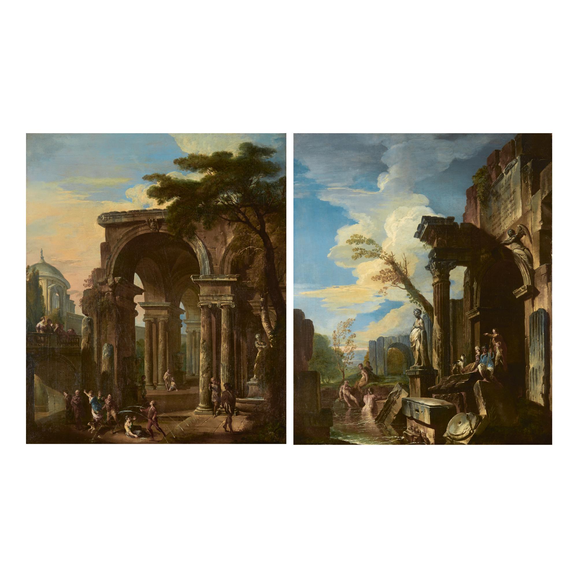 Giovanni Paolo Panini - Figures Among Roman Ruins; Figures In A Garden With Water Springs:  A Pair