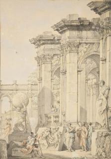 Giovanni Paolo Panini - Un Capriccio Avec Des Portiques, Des Figures Et Une Statue D\'Atlas