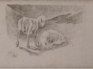 Giovanni Segantini - Landschaft mit zwei Schafen