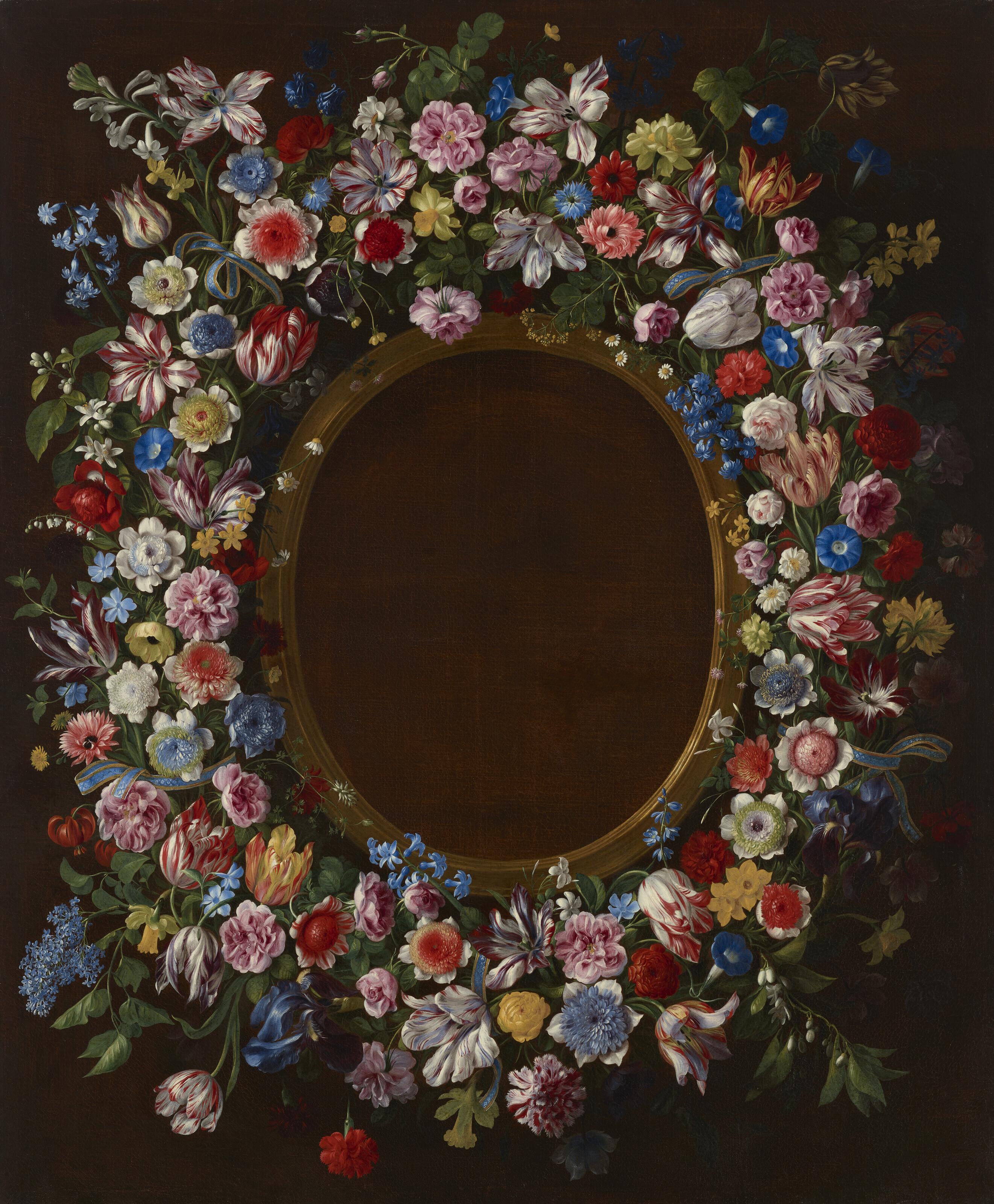 Giovanni Stanchi - A garland of tulips, narcissus, hyacinths, roses, irises, variegated carnations, jonquils, lilies of the valley and other flowers intertwined with blue ribbon around a trompe l\'oeil gilded frame