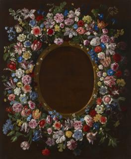Giovanni Stanchi - A garland of tulips, narcissus, hyacinths, roses, irises, variegated carnations, jonquils, lilies of the valley and other flowers intertwined with blue ribbon around a trompe l\'oeil gilded frame