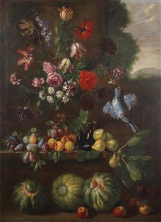 Giovanni Stanchi - A vase of flowers with fruit on a stone ledge, a view to a landscape beyond