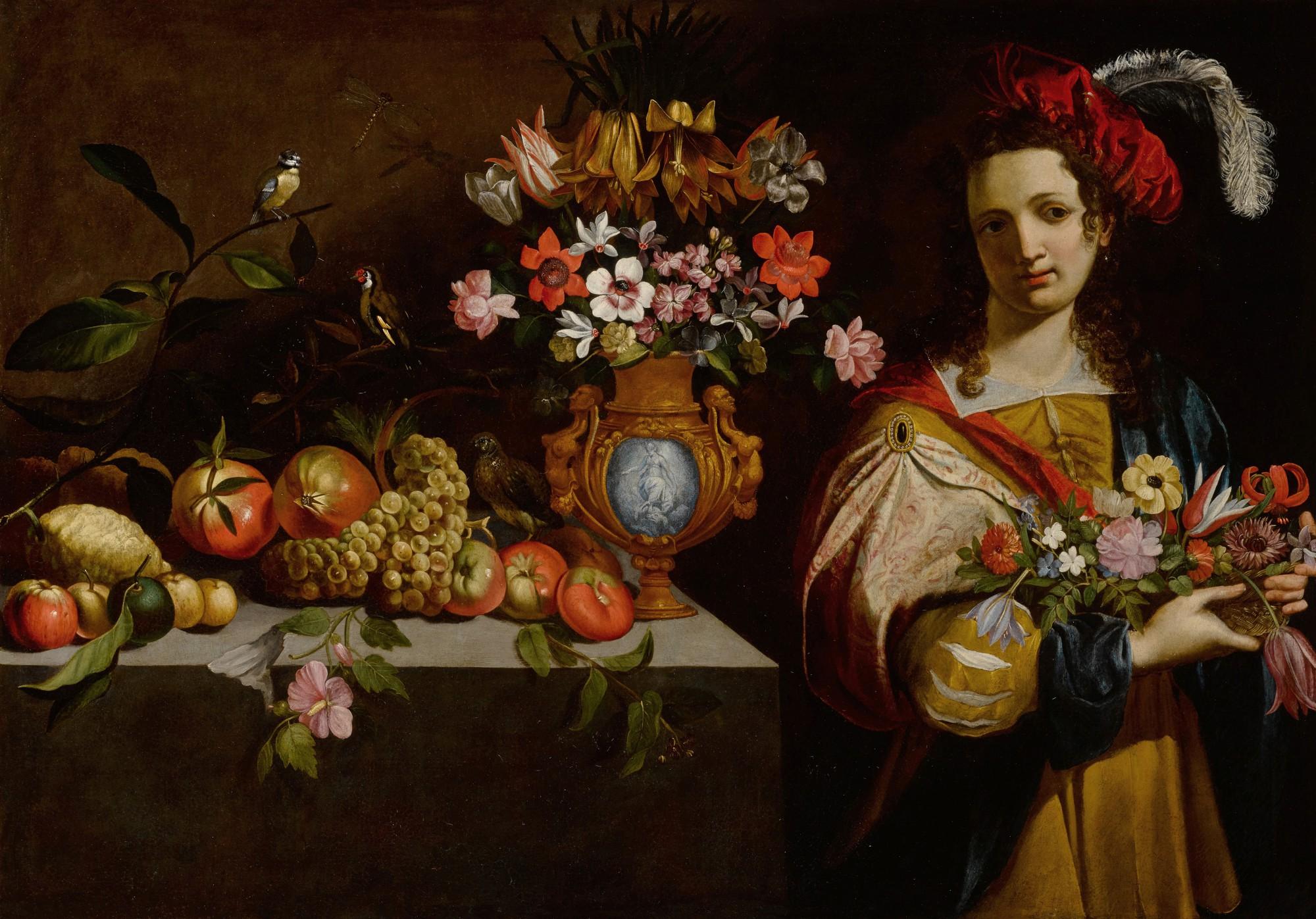 Giovanni Stanchi - Still life with fruits, a vase, birds and a youth with flower basket