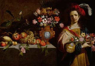 Giovanni Stanchi - Still life with fruits, a vase, birds and a youth with flower basket