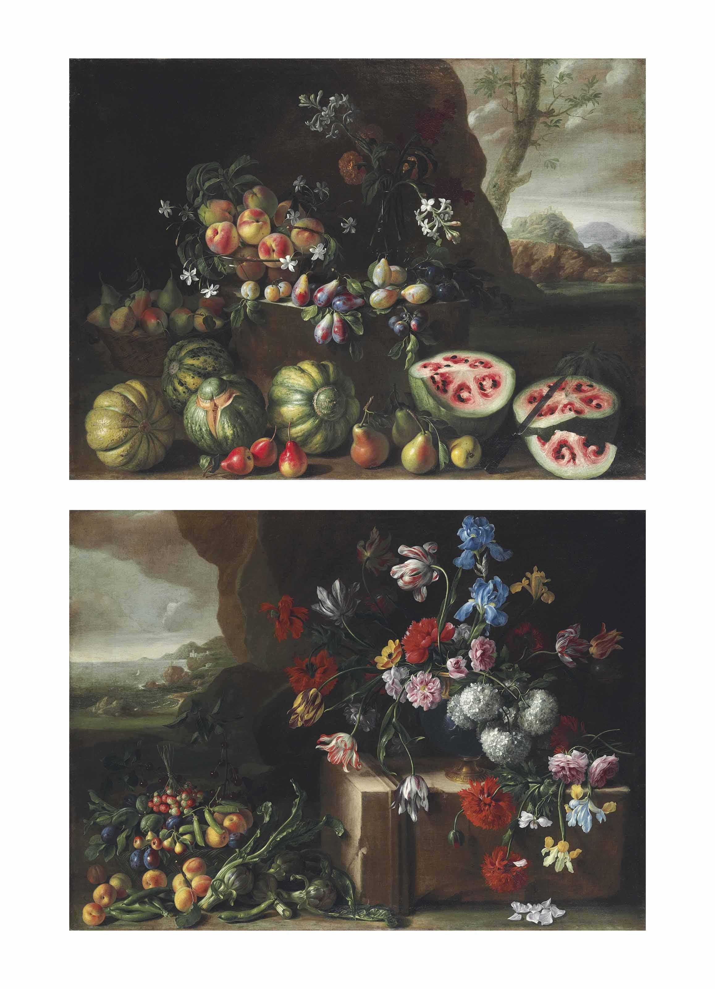 Giovanni Stanchi - Watermelons, Peaches, Pears And Other Fruit In A Landscape; And Chrysanthemums, Tulips, Irises And Other Flowers And Fruit In A Landscape