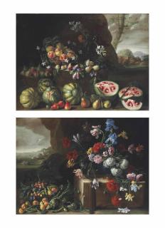 Giovanni Stanchi - Watermelons, Peaches, Pears And Other Fruit In A Landscape; And Chrysanthemums, Tulips, Irises And Other Flowers And Fruit In A Landscape