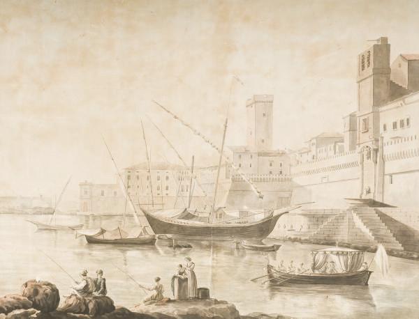 Giovanni Volpato - Le port de Civitavecchia, des bateaux au premier-plan