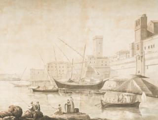 Giovanni Volpato - Le port de Civitavecchia, des bateaux au premier-plan