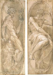 Girolamo Bedoli - Adam holding an apple, seated, in a medallion; and Aaron looking up, seated, in a medallion