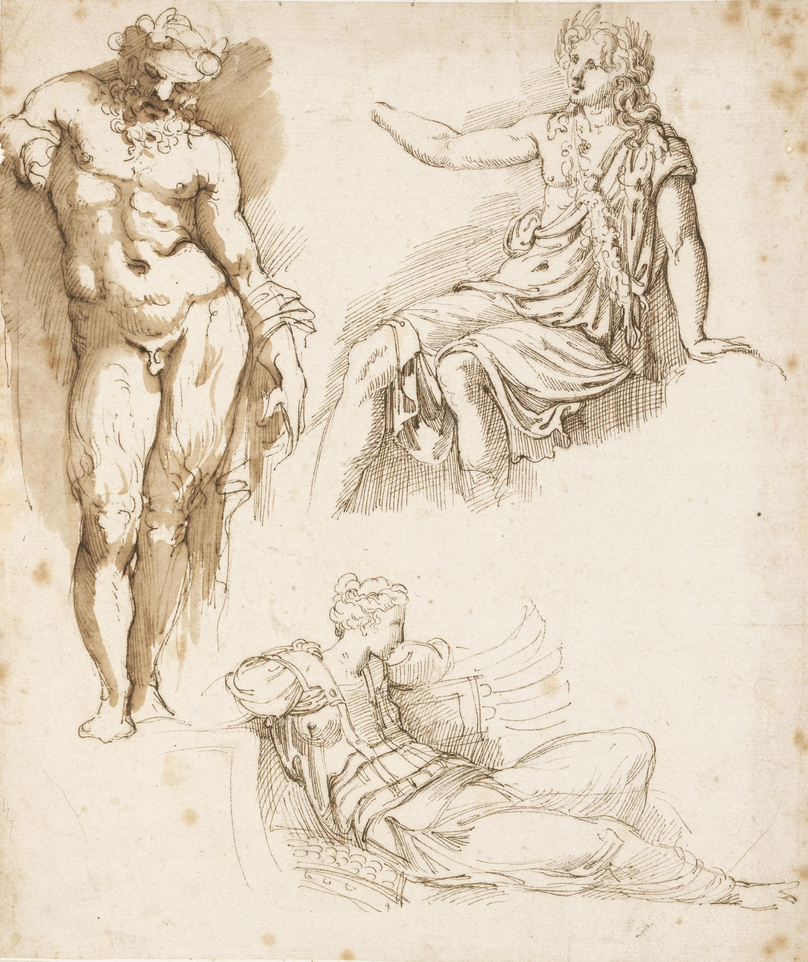 Girolamo Da Carpi - Studies After The Antique: A Standing Silenus, A Seated Apollo, And A Fallen Warrior