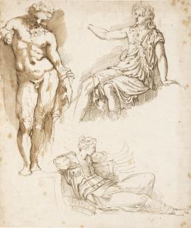Girolamo Da Carpi - Studies After The Antique: A Standing Silenus, A Seated Apollo, And A Fallen Warrior