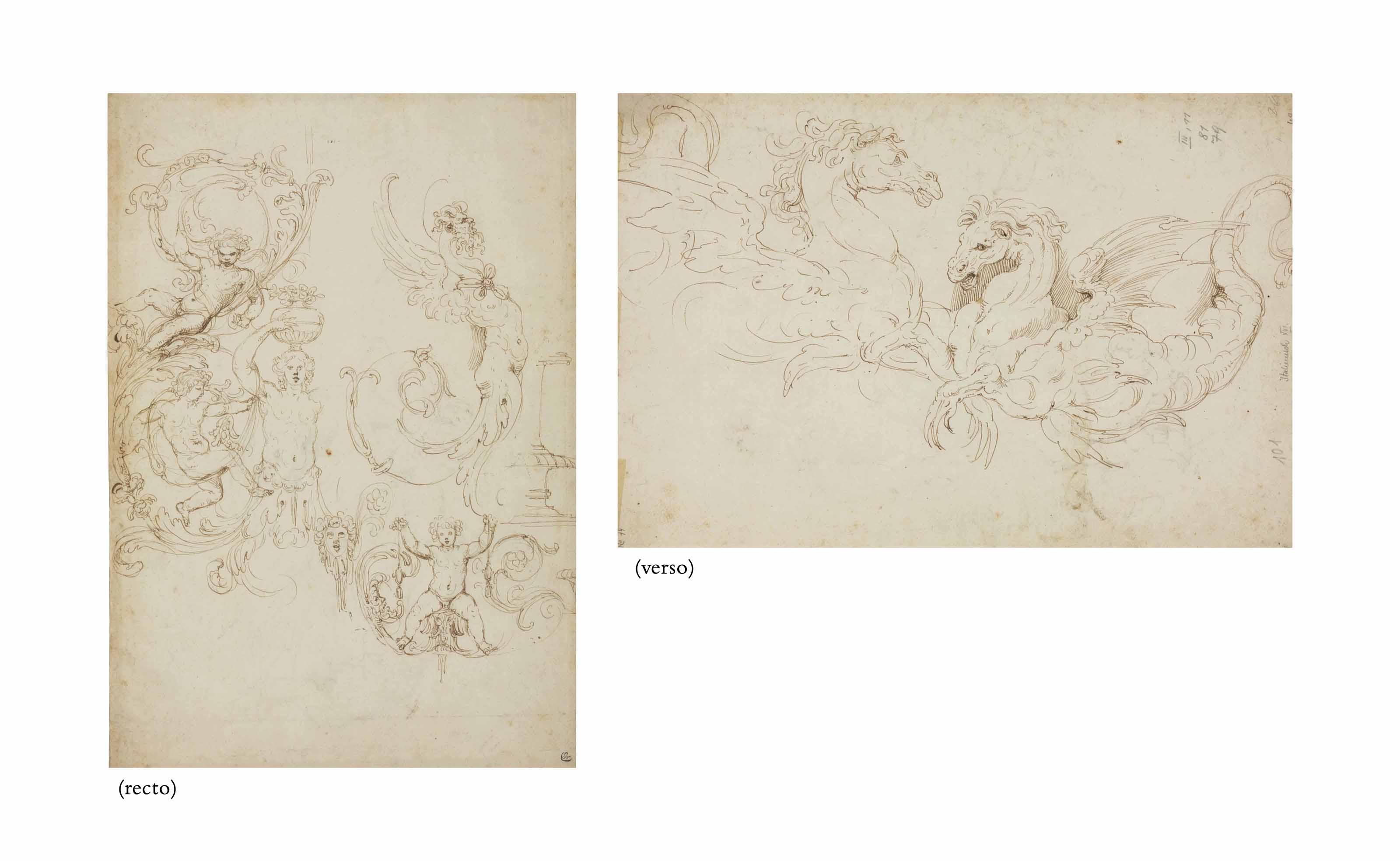 Girolamo Da Carpi - Studies Of Grotesques (Recto), Studies Of Two Winged Horses (Verso)