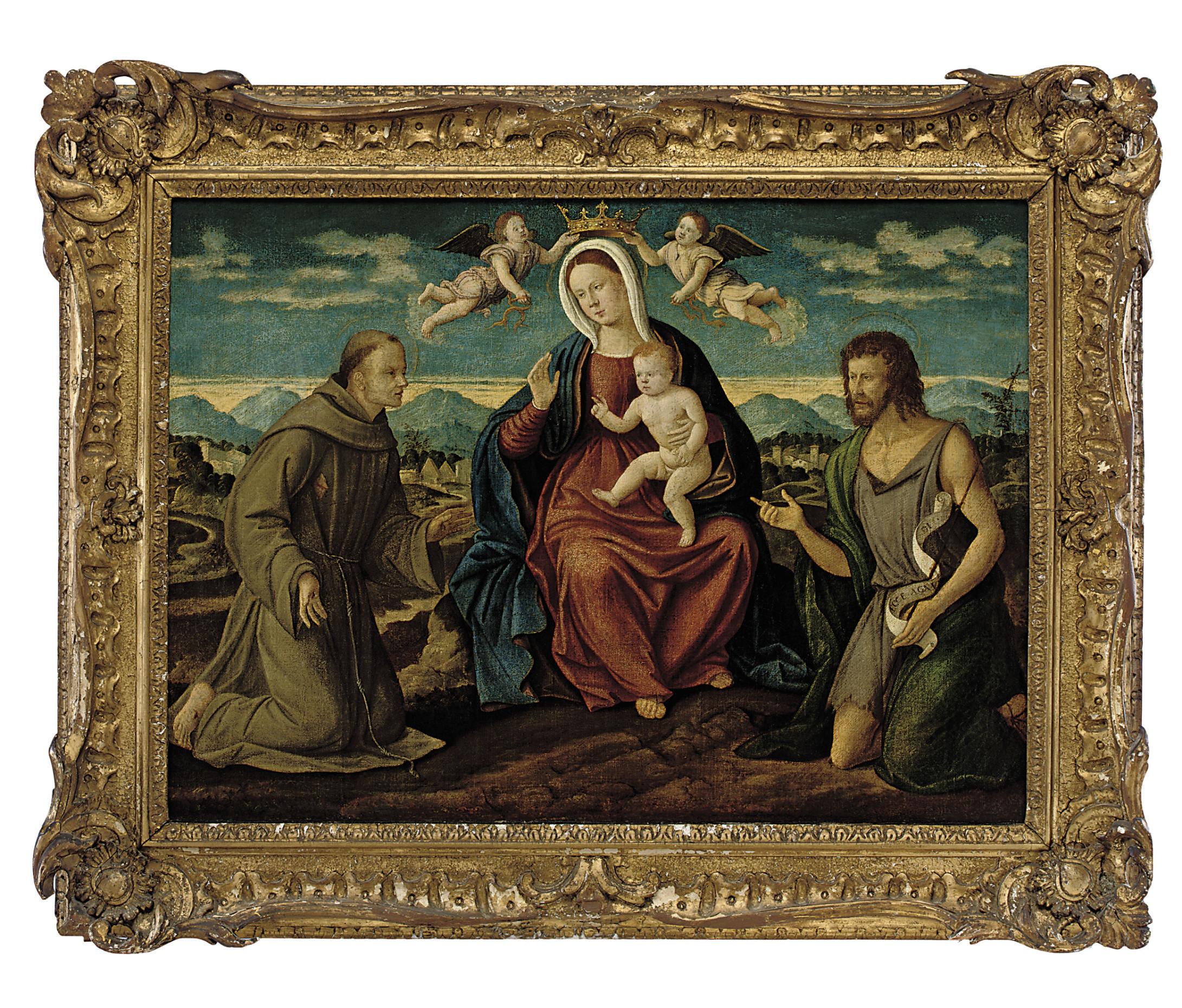 Girolamo da Santacroce - The Madonna and Child with Saints Francis of Assisi and John the Baptist, and two infant Angels, in a landscape