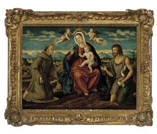 Girolamo da Santacroce - The Madonna and Child with Saints Francis of Assisi and John the Baptist, and two infant Angels, in a landscape