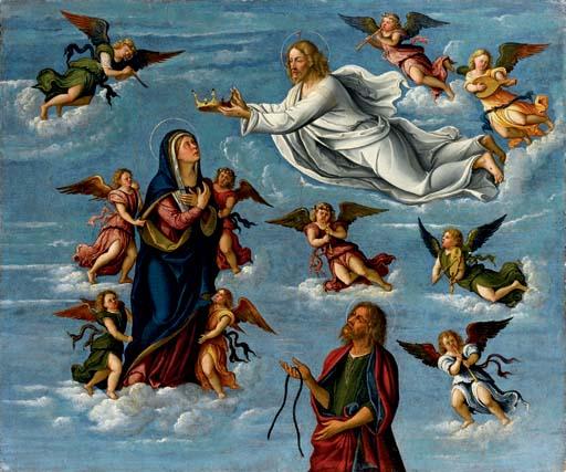Girolamo da Santacroce - Vergine Assunta in cielo tra angeli musicanti con Cristo che la incorona, e San Tommaso che riceve la sacra cintola