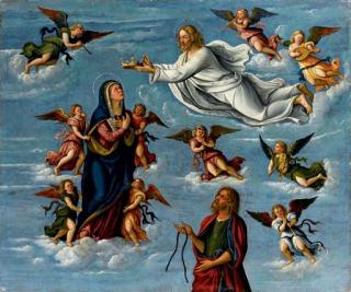Girolamo da Santacroce - Vergine Assunta in cielo tra angeli musicanti con Cristo che la incorona, e San Tommaso che riceve la sacra cintola